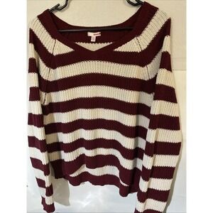 Women's Bongo Burgundy White Striped XL Lightweight Sweater Long Sleeve V Neck